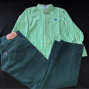 Chaps Green/White Plaid Button Down Shirt with Levi Green Corduroy Pants Bundle